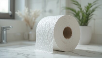 Poster - Embossed Toilet Paper Roll on Marble: Soft Light, Minimalist Bathroom Setting