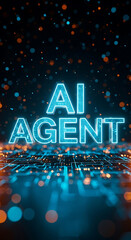 Poster - Abstract neon ai agent text with circuit board and bokeh background illustration