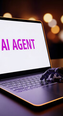 Poster - Artificial intelligence agent interacting with a laptop displaying text ai agent message