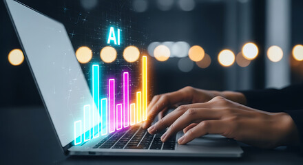 Poster - Artificial intelligence analyzing data on a laptop screen demonstrating business growth statistics