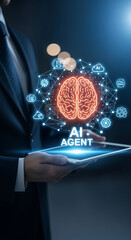 Poster - Businessman holding tablet displaying ai agent brain and futuristic technology concepts