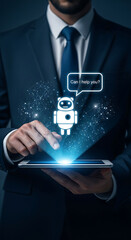 Poster - Businessman interacting with ai chatbot concept using digital tablet technology