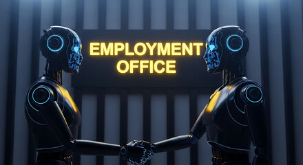 Poster - Two futuristic robots shaking hands in an employment office symbolizing new technology