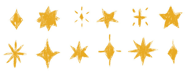 Leinwandbilder - Set of hand drawn yellow sparkle stars in sky with crayon brush texture. Stars in magic shape with light