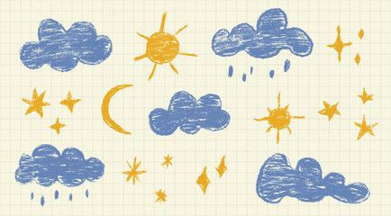 Leinwandbilder - Set of clouds, star and sun in hand drawn style with crayon or wax pencil brush texture
