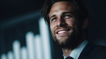 Poster - Smiling businessman looking at rising profit chart in office