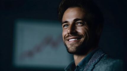 Poster - Businessman smiles at rising profit chart in office setting