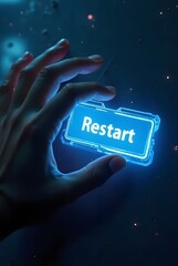 Poster - A hand hovers over a glowing blue Restart button, vertical composition. The futuristic interface and dark background create a sense of digital mystery and technological