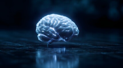 Poster - A digital brain floating in a virtual grid bathed in neon blue light