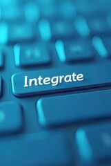 Poster - A close-up shot of a keyboard with the word Integrate highlighted, vertical composition. The teal color palette and soft focus create a modern, technological feel.