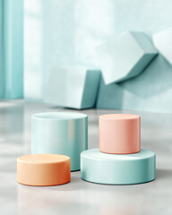 Poster - Pastel cylindrical podiums on a light surface with geometric background