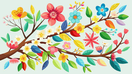 vibrant and colorful blooming flowers and leaves on a tree branch with a light blue background
