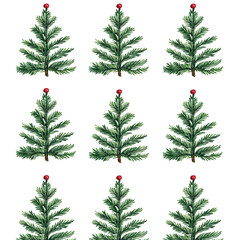 pattern with Christmas tree, cheerful pattern of green Christmas trees adorned with ornaments, isolated on transparent background