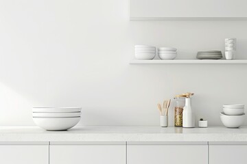 Poster - detailed visual  of white kitchen background of free space for your decoration