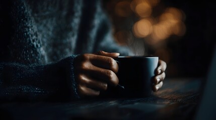Poster - Focused freelancer sipping coffee while working on laptop in cozy cafe