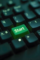 Poster - Close-up of a keyboard with a green Start button, vertical composition. The image evokes a sense of beginning and digital initiation.