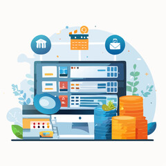 Leinwandbilder - Digital illustration depicting financial data and server technology with coin stacks