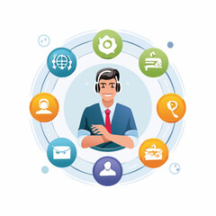 Poster - Friendly customer service representative with headphones and icons representing support options