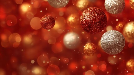 Poster - Sparkling christmas ornaments cascading through blurred golden red lights, embodying seasonal joy and festive celebration