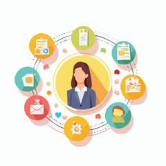 Leinwandbilder - Woman surrounded by business and communication icons in a colorful flat illustration