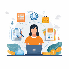 Leinwandbilder - Woman working on a laptop surrounded by business and financial elements illustration