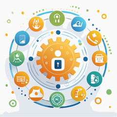 Fototapete - Abstract illustration of a central gear with surrounding circular business icons