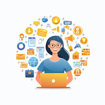 Smiling woman working on laptop surrounded by digital marketing and communication icons