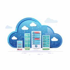 Fototapete - Colorful cloud computing illustration with server racks, data, and modern technology