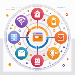 Leinwandbilder - Colorful circular infographic illustration with various icons representing network and internet concepts