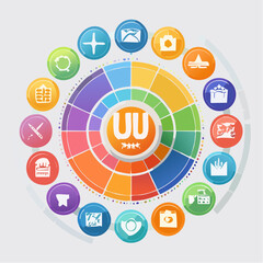 Fototapete - Colorful circular graphic design with icons and a central color wheel illustration