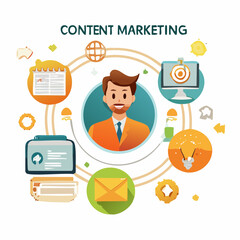 Fototapete - Colorful content marketing illustration with a smiling businessman surrounded by icons.