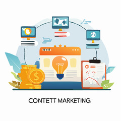 Leinwandbilder - Colorful illustration of content marketing strategy with computers, money, and ideas.