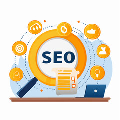 Leinwandbilder - Colorful SEO Illustration Featuring Magnifying Glass, Laptop, and Related Icons