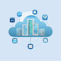 Poster - Conceptual illustration of cloud computing with skyscrapers and connected icons