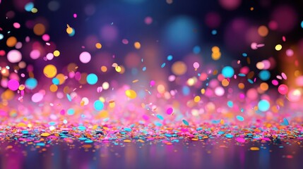 Poster - Multicolored confetti falling on glossy background, generating festive celebration mood with sparkling scattered pieces, vibrant lighting, dynamic bokeh effect