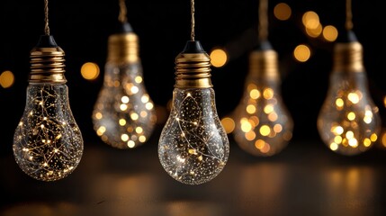 Poster - Glowing decorative light bulbs containing fairy lights suspended against dark background, radiating warm festive mood with soft shimmering bokeh effect