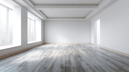 Poster - Sunlight is illuminating an empty room with white walls and a wooden floor, creating a bright and airy atmosphere, perfect for showcasing interior design or architectural projects
