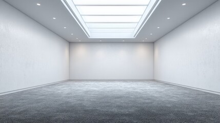 Poster - Modern, spacious room featuring a rectangular skylight, gray carpet flooring, and white walls, creating a bright and airy atmosphere ideal for interior design projects