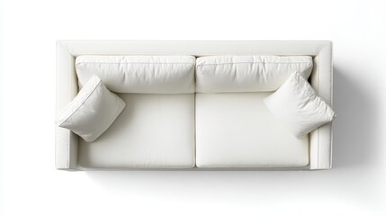 Poster - White sofa featuring soft cushions and decorative pillows, minimalist design creating spacious living room aesthetic viewed from overhead with clean background