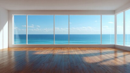 Poster - Soft sunlight streaming across wooden parquet, casting warm shadows near expansive windows revealing sweeping ocean and sky panorama in minimalist interior setting