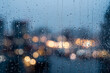 © Oleksii - Rain-covered glass window with dense droplets and city lights in cool evening tones Generative AI