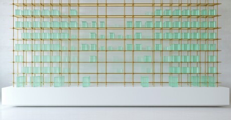 Aufkleber - Minimalist installation features numerous small, green glass blocks within golden metal grid structure. White base supports display.