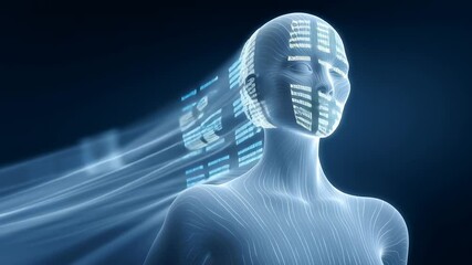 Poster - Futuristic digital illustration of a humanoid figure with flowing data streams, representing the concept of artificial intelligence and technology integration in modern society