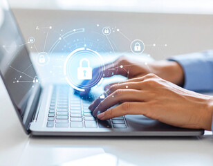 Poster - Close up of hands typing password on laptop with glowing security symbols overlay, showcasing a focus on cybersecurity and digital privacy