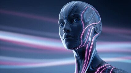 Fototapete - Futuristic digital human head silhouette with glowing lines and circuits, showcasing advanced technology and artificial intelligence concepts in a vibrant abstract background