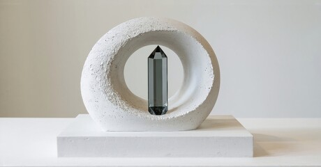 Aufkleber - Minimalist sculpture. Gray crystal within white concrete ring. Clean lines, simple form, modern aesthetic. Studio lighting.