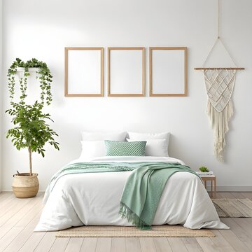 Poster mockup with three frames composition on empty white wall in bedroom interior with bed, green plaid, rug and plant. 3D rendering.