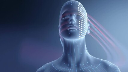 Poster - Futuristic digital human figure with flowing lines and glowing data points, representing advanced technology and artificial intelligence in a conceptual design for innovation and creativity