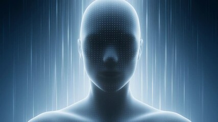 Poster - Futuristic humanoid figure with glowing features and digital patterns, surrounded by a luminous backdrop, representing advanced technology and artificial intelligence concepts