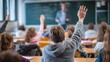 © Oleksandr - Engaged Classroom: Students Participate. Students with raised hands eager to answer teacher's question during a class lesson in a regular classroom setting.